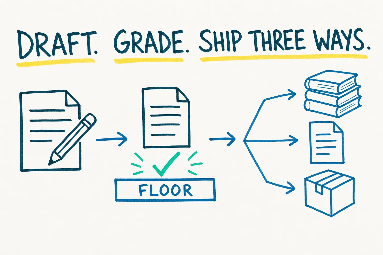 A whiteboard sketch of a manuscript page passing a bar labelled Floor with a checkmark, then fanning into three icons for a book stack, a single page, and a box, showing draft, grade, and three ways to ship.