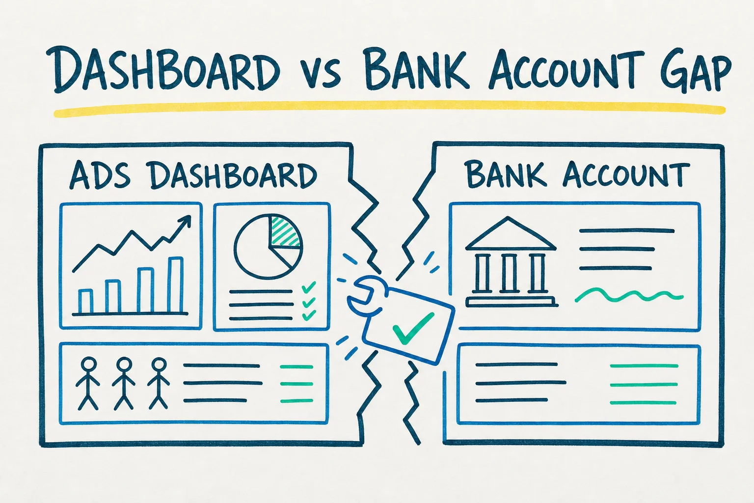 A whiteboard sketch of two boxes labelled Ads Dashboard and Bank Account with a jagged gap between them being closed by a tag icon and a checkmark.